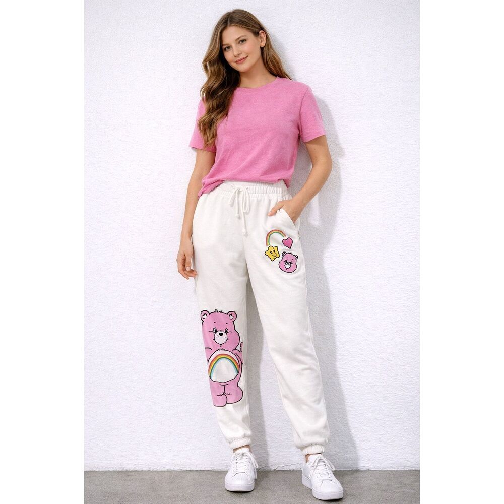 Care Bears White Jogger Pants Rainbow Graphic M (7/9) Cozy Lounge Sweatpants